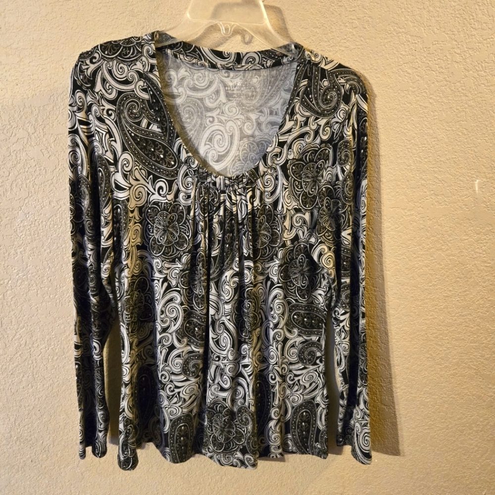 Apt 9 Essentials Womens Scoop Neck Black Floral/Paisley Long Sleeve Top Petite L